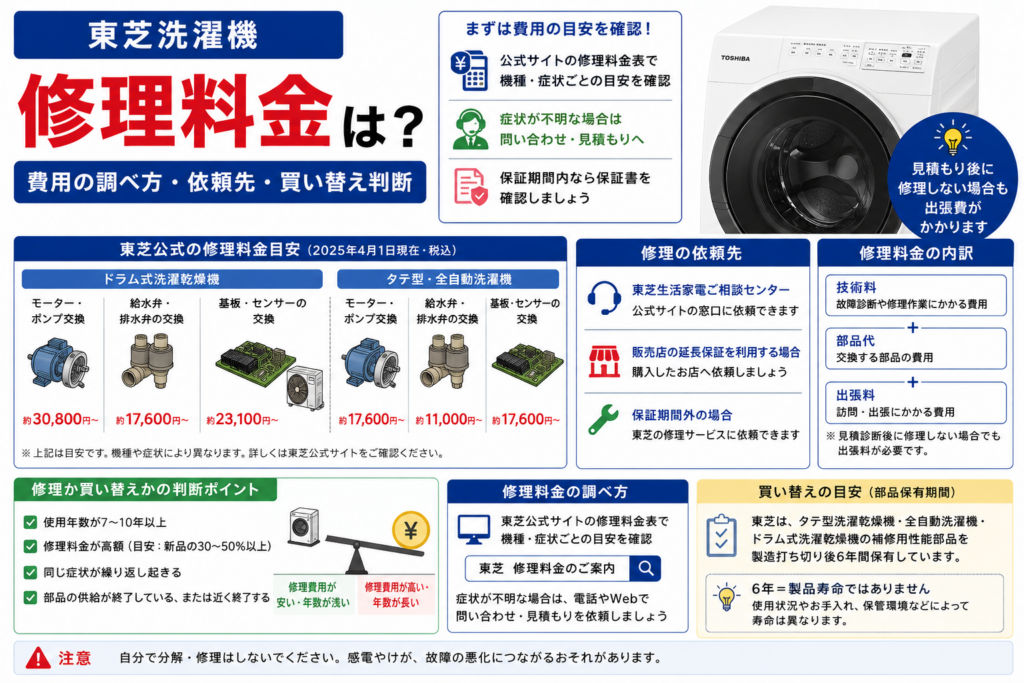 東芝洗濯機の修理料金の目安と、費用の調べ方・修理の依頼先・保証確認・修理か買い替えかの判断ポイントを案内する図解