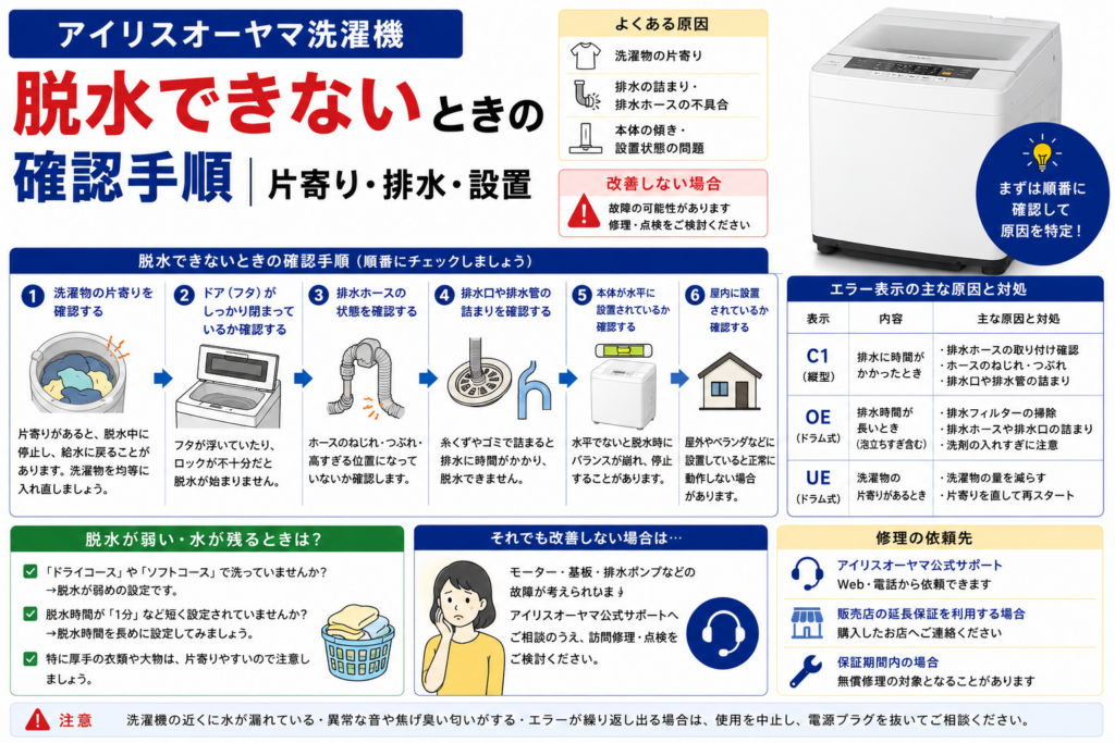 アイリスオーヤマ洗濯機が脱水できないときの、洗濯物の片寄り・排水ホースや排水口・本体の水平設置・エラー表示の確認と、改善しない場合の修理判断を案内する図解