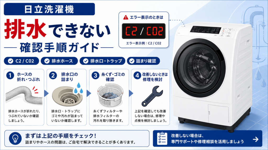 日立洗濯機が排水できないときの、C2・C02エラー、排水ホースの折れやつぶれ、排水口・排水トラップ・糸くずの詰まり確認と、改善しない場合の修理判断を案内する図解