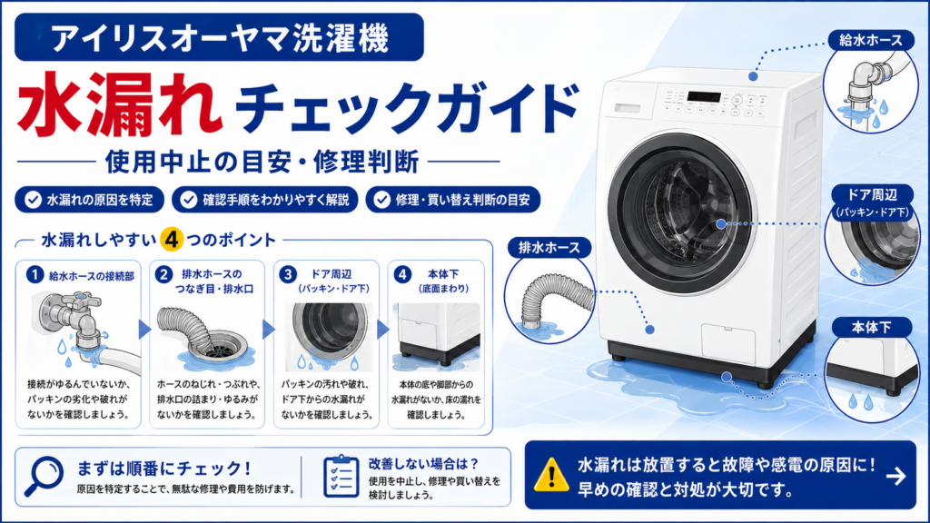 アイリスオーヤマ洗濯機が水漏れするときの、給水ホース・排水ホース・ドア周辺・本体下の確認箇所と、使用中止・修理判断の目安を案内する図解