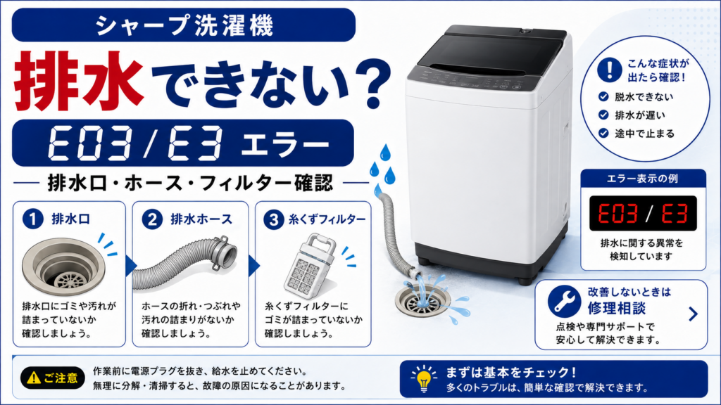 シャープ洗濯機が排水できないときの、E03・E3エラー、排水口・排水ホース・糸くずフィルターの詰まり確認と、改善しない場合の修理判断を案内する図解
