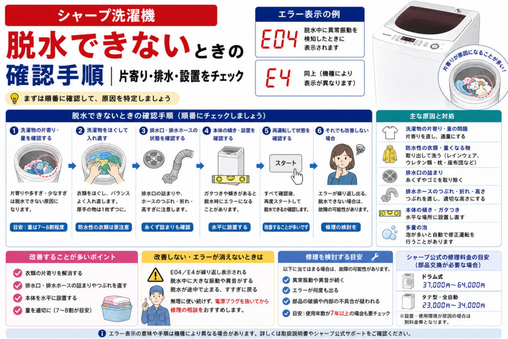 シャープ洗濯機が脱水できないときの、E04・E4エラー、洗濯物の片寄り・排水口や排水ホース・本体の水平設置の確認と、改善しない場合の修理判断を案内する図解