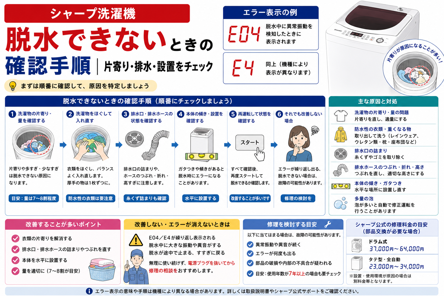 シャープ洗濯機が脱水できないときの、E04・E4エラー、洗濯物の片寄り・排水口や排水ホース・本体の水平設置の確認と、改善しない場合の修理判断を案内する図解