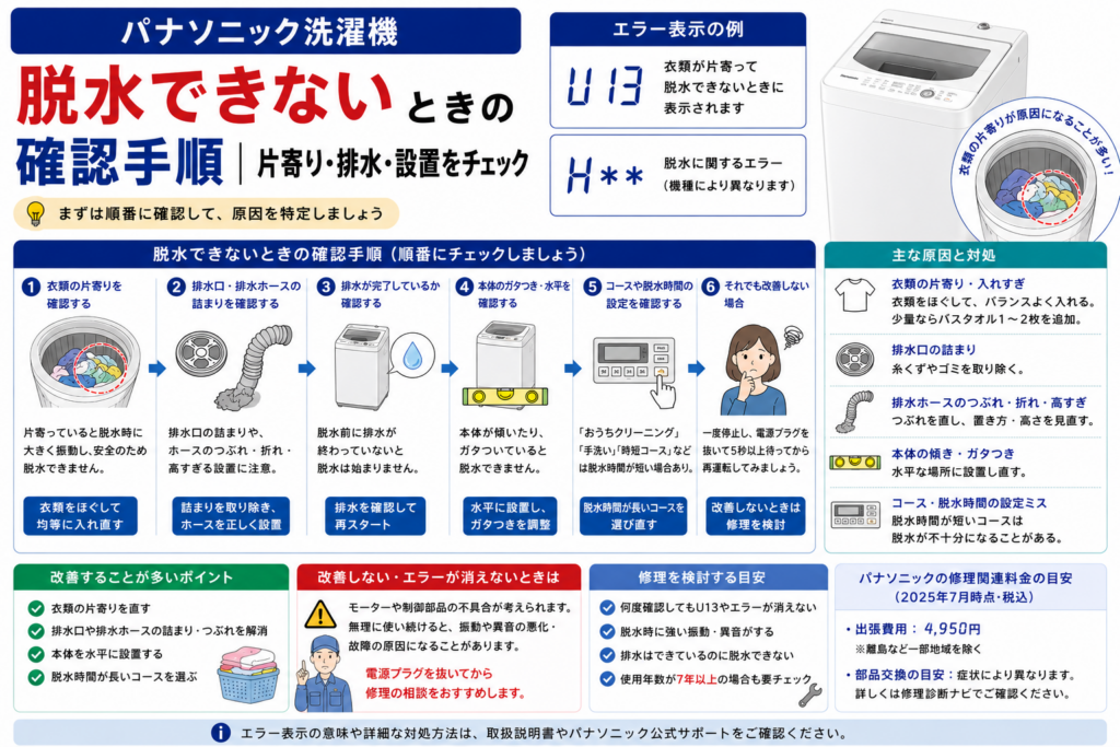パナソニック洗濯機が脱水できないときの、U13エラー、洗濯物の片寄り・排水口や排水ホース・本体の水平設置の確認と、改善しない場合の再運転・修理判断を案内する図解