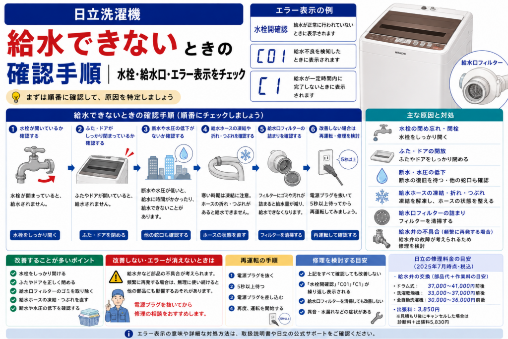 日立洗濯機が給水できないときの、水栓開確認・C01・C1エラー、水栓・ふたやドア・断水・給水ホースの凍結・給水口フィルターの確認と、改善しない場合の修理判断を案内する図解