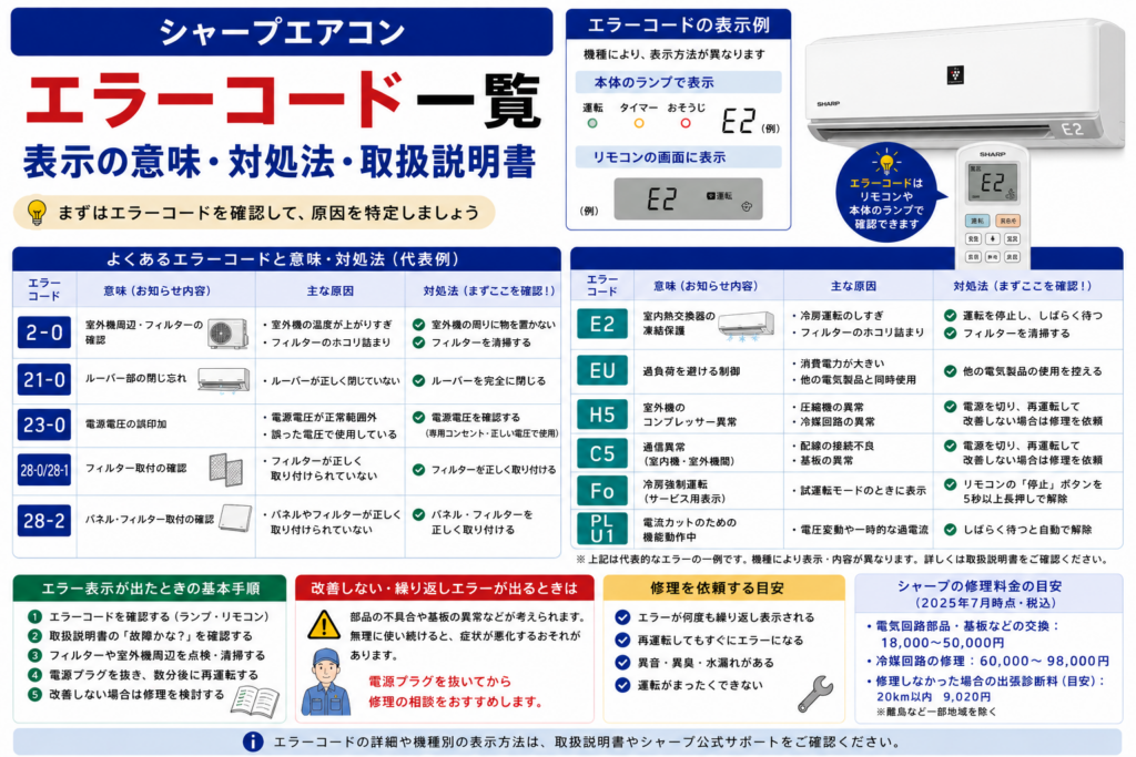 シャープエアコンのエラーコード一覧と、2-0・21-0・23-0・28系・E2・EU・H5・Fo・PLなどの表示例、フィルターや室外機周辺の確認、改善しない場合の修理判断を案内する図解