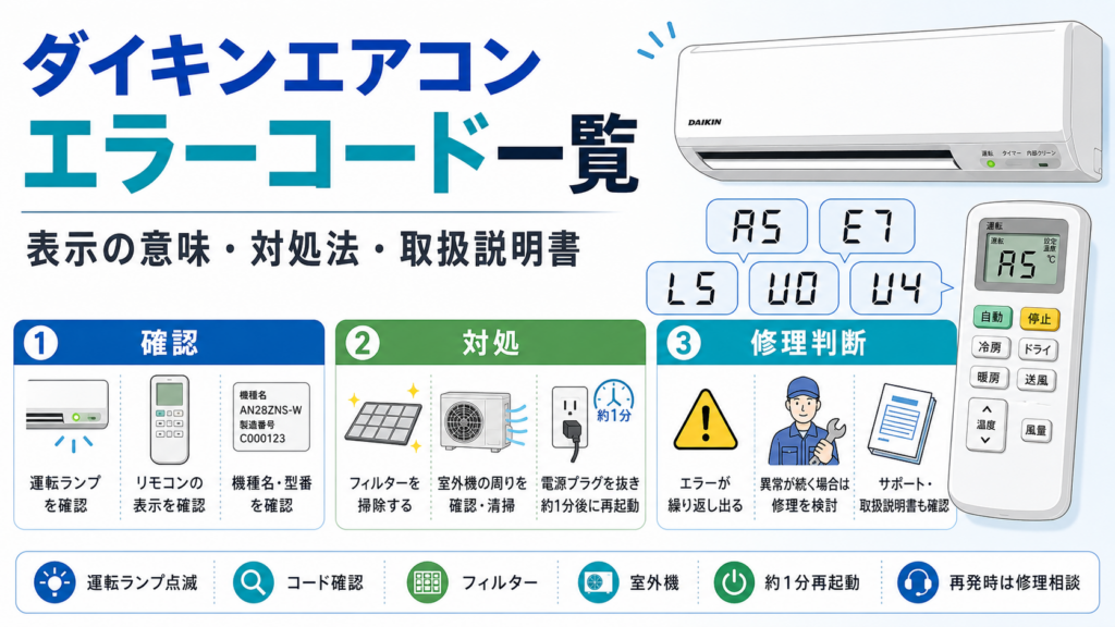 ダイキンエアコンのエラーコード一覧と、A5・E7・L5・U0・U4などの表示例、運転ランプ・フィルター・室外機周辺の確認、約1分の再起動と改善しない場合の修理判断を案内する図解