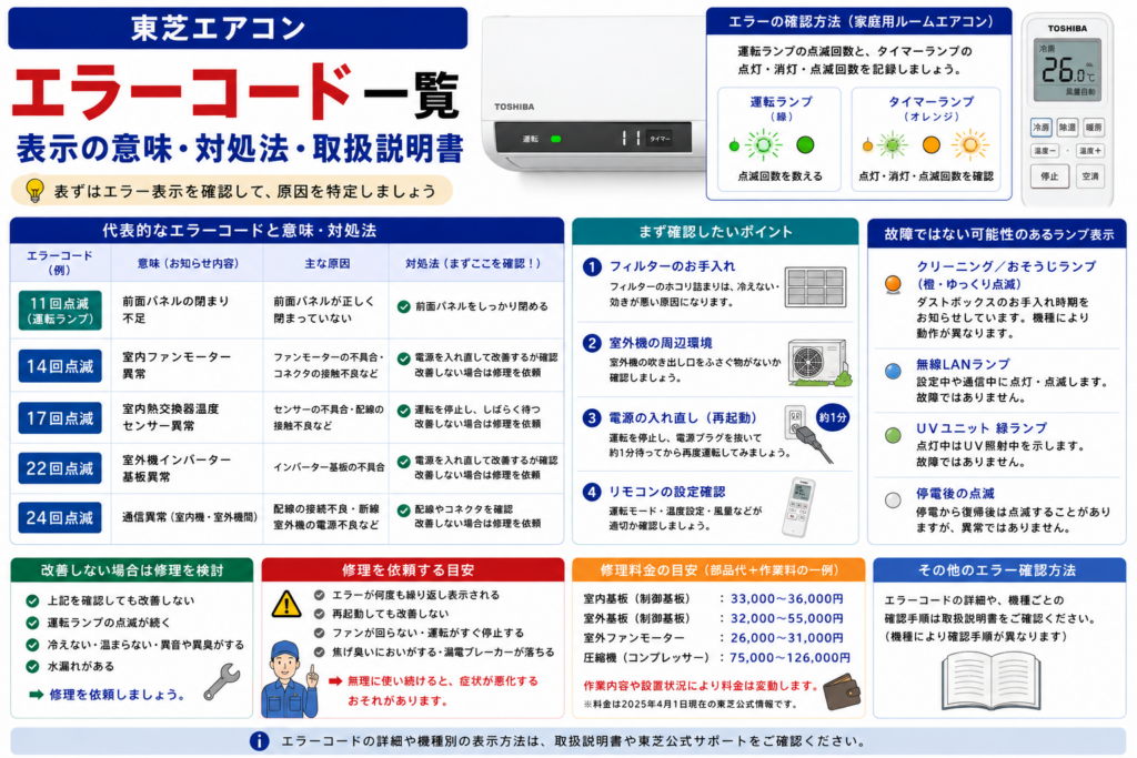 東芝エアコンのエラー表示と、運転ランプ・タイマーランプの点滅回数、11回点滅・クリーニング・無線LAN・UVランプの確認、改善しない場合の修理判断を案内する図解