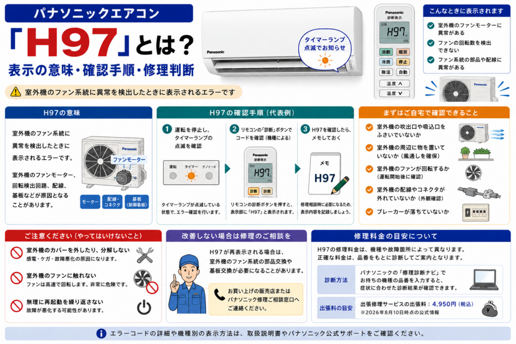 パナソニックエアコンのH97エラーについて、タイマーランプ点滅時のコード確認、室外機のファン・吸込口や吹出口・周辺障害物の確認、分解や接触を避ける注意点と、改善しない場合の修理判断を案内する図解
