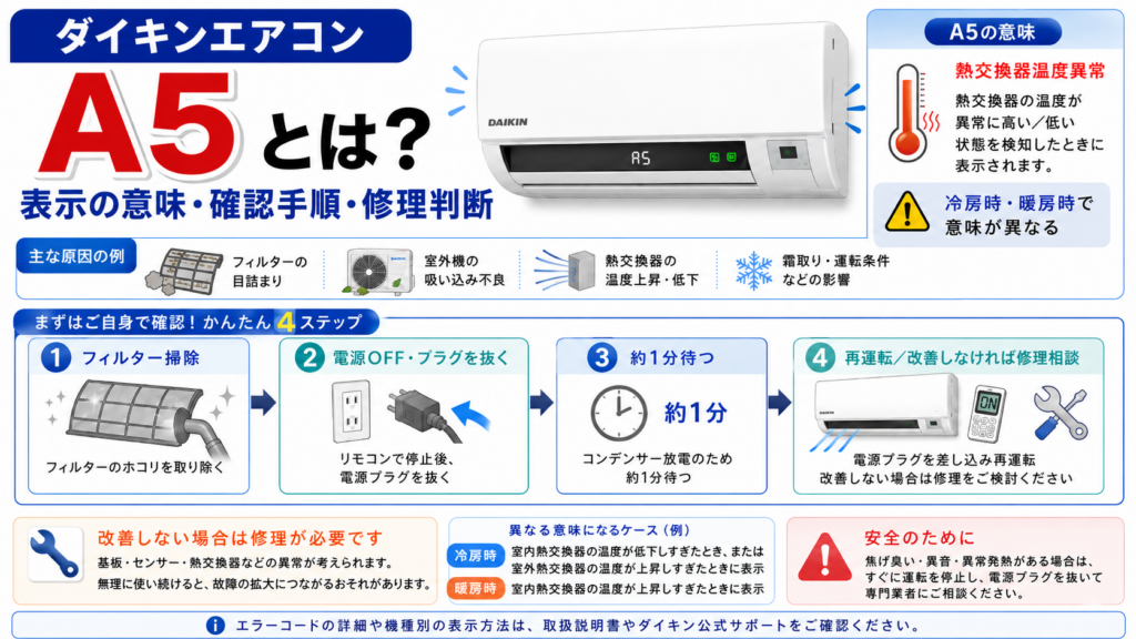 ダイキンエアコンのA5エラーについて、熱交換器温度異常の意味、冷房・暖房時の違い、フィルター清掃、約1分の電源リセットと、改善しない場合の修理判断を案内する図解