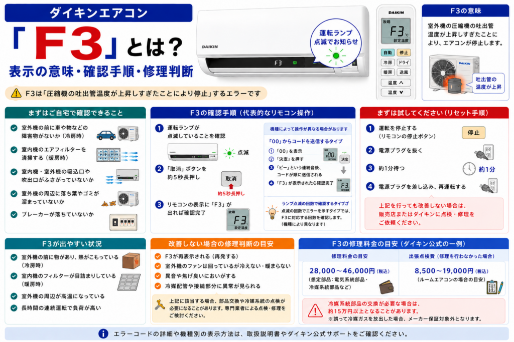 ダイキンエアコンのF3エラーについて、圧縮機の吐出管温度上昇の意味、冷房時の室外機前の障害物確認、暖房時のフィルター清掃、約1分の電源リセットと、改善しない場合の修理判断を案内する図解