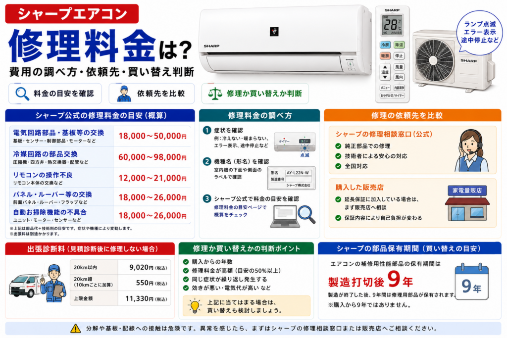 シャープエアコンの修理料金について、電気回路・基板、冷媒回路、リモコン、パネル・ルーバーなどの費用目安、出張診断料、修理依頼先、補修用性能部品の保有期間と買い替え判断を案内する図解