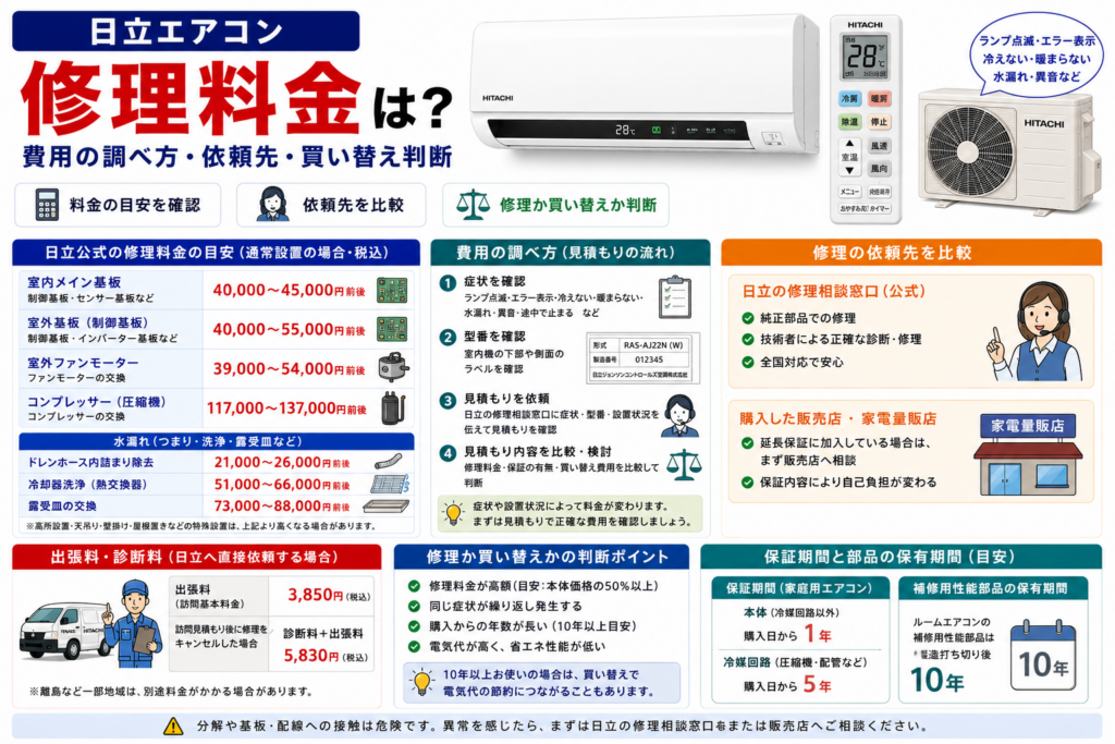 日立エアコンの修理料金について、室内・室外基板やファンモーター、コンプレッサー、水漏れ修理の費用目安、出張料・診断料、保証期間、補修用性能部品の保有期間と、修理か買い替えかの判断ポイントを案内する図解
