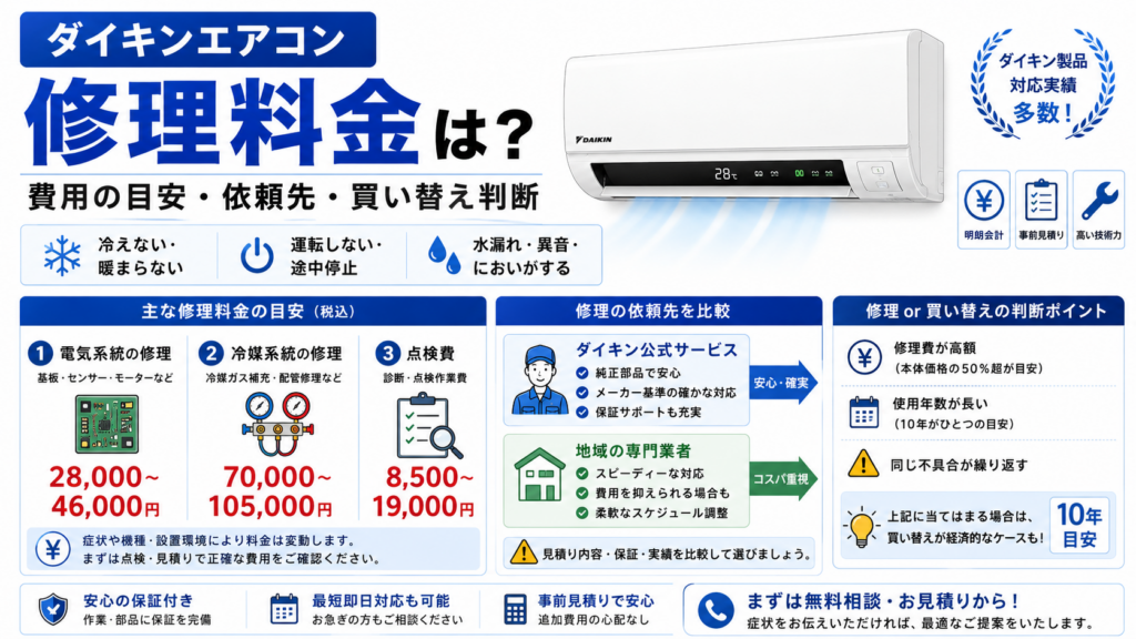 ダイキンエアコンの修理料金について、電気系統・冷媒系統の費用目安、出張点検費、修理依頼先の比較、使用年数や故障の再発を踏まえた修理・買い替え判断を案内する図解
