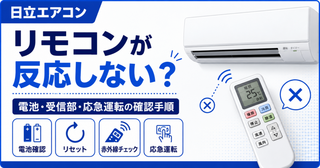 日立エアコンのリモコンが反応しないときの電池確認、リセット、赤外線チェック、応急運転の確認手順を案内する図解