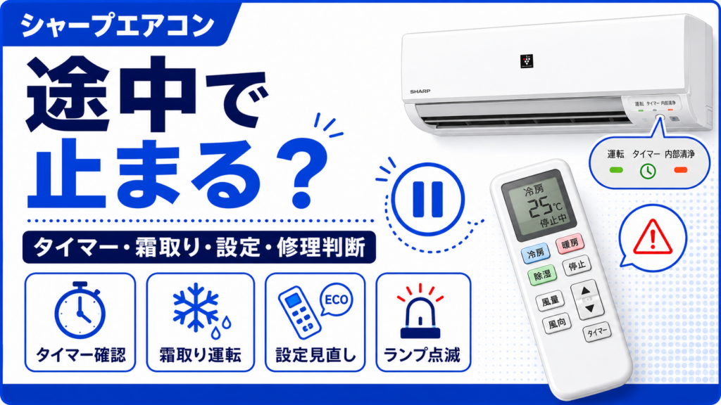 シャープエアコンが途中で止まるときのタイマー確認、霜取り運転、設定見直し、ランプ点滅と修理判断を案内する図解