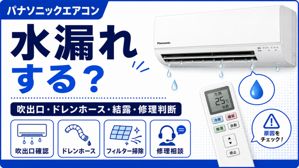 パナソニックエアコンの水漏れで、吹出口、ドレンホース、結露、フィルター掃除、修理相談の確認ポイントを案内する図解