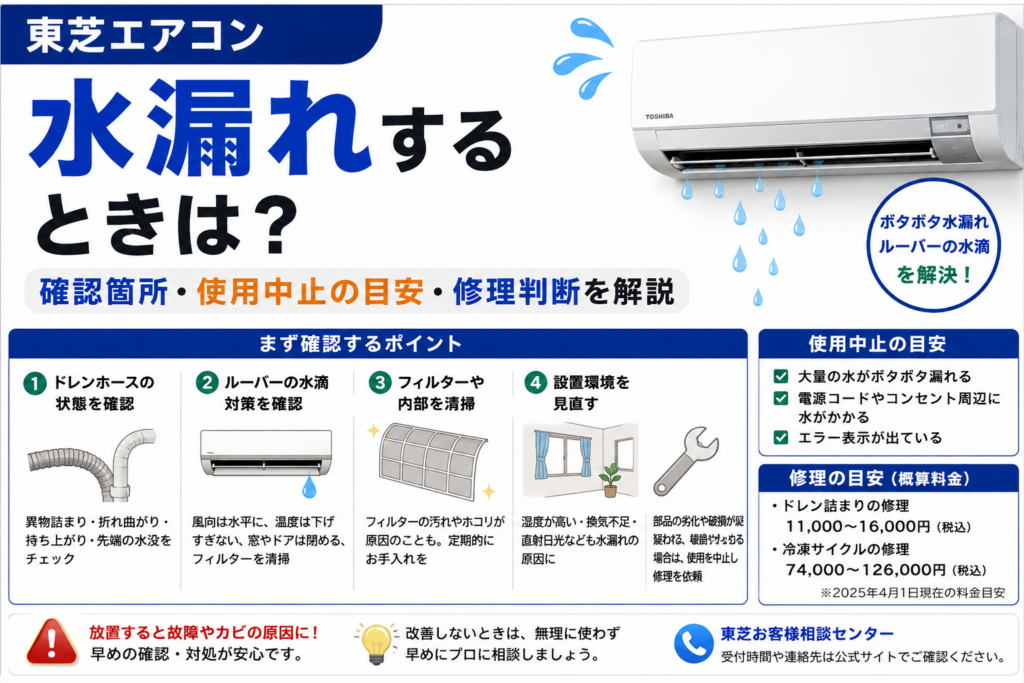 東芝エアコンの水漏れで、ドレンホース、ルーバーの水滴、フィルター清掃、設置環境、使用中止の目安と修理判断を案内する図解