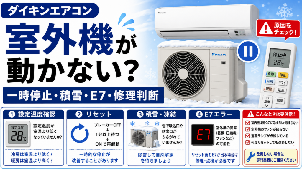 ダイキンエアコンの室外機が動かないときの設定温度、リセット、積雪・凍結、E7エラー、修理判断を案内する図解