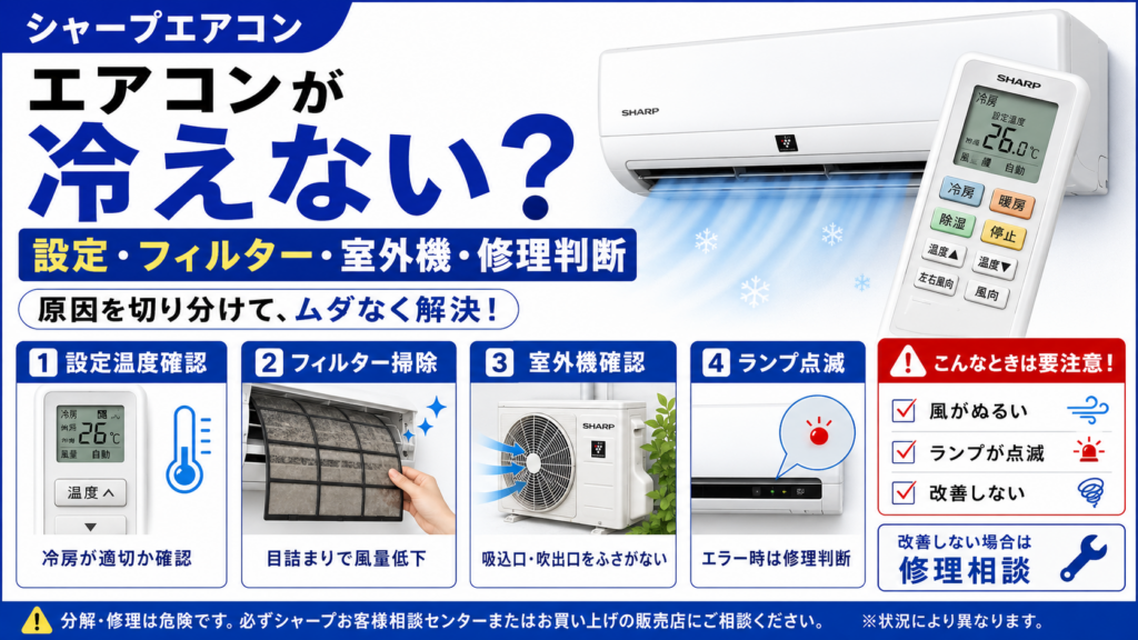 シャープエアコンが冷えないときの設定温度、フィルター掃除、室外機周辺、ランプ点滅の確認と修理判断を案内する図解