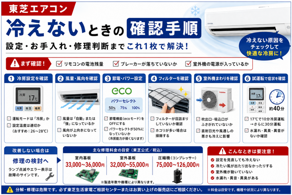 東芝エアコンが冷えないときの冷房設定、風量・風向、節電設定、フィルター、室外機、試運転と修理判断を案内する図解