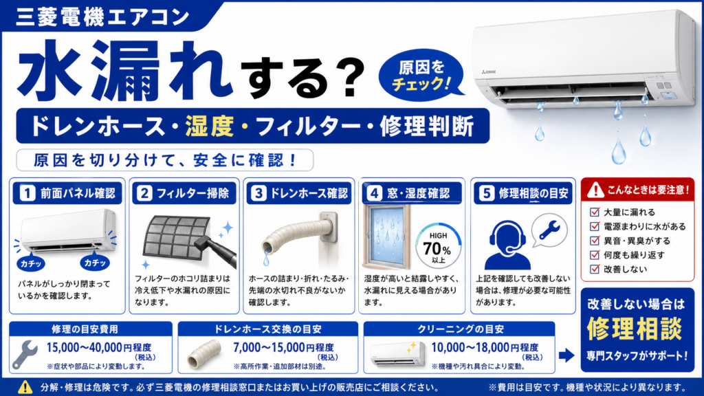 三菱電機エアコンの水漏れで、前面パネル、フィルター、ドレンホース、湿度・窓の状態、使用中止の目安と修理判断を案内する図解