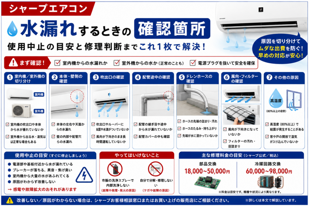 シャープエアコンの水漏れで、室内機・室外機の切り分け、本体・吹出口・配管・ドレンホース・フィルターの確認、使用中止の目安と修理判断を案内する図解