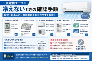 三菱電機エアコンが冷えないときの冷房設定、フィルター、室内機・室外機、風向・風速、各種設定の確認と修理判断を案内する図解