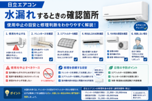 日立エアコンの水漏れで、使用中止、ドレンホース、エアフィルター、吹き出し口の水滴、設置状態の確認と修理判断を案内する図解