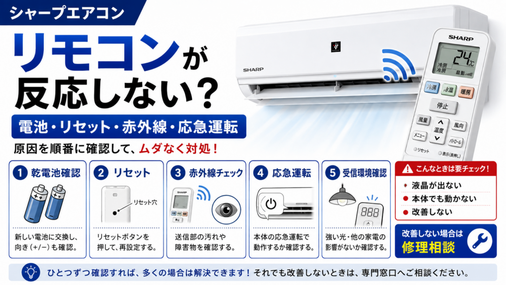 シャープエアコンのリモコンが反応しないときの乾電池確認、リセット、赤外線チェック、応急運転、受信環境の確認と修理判断を案内する図解