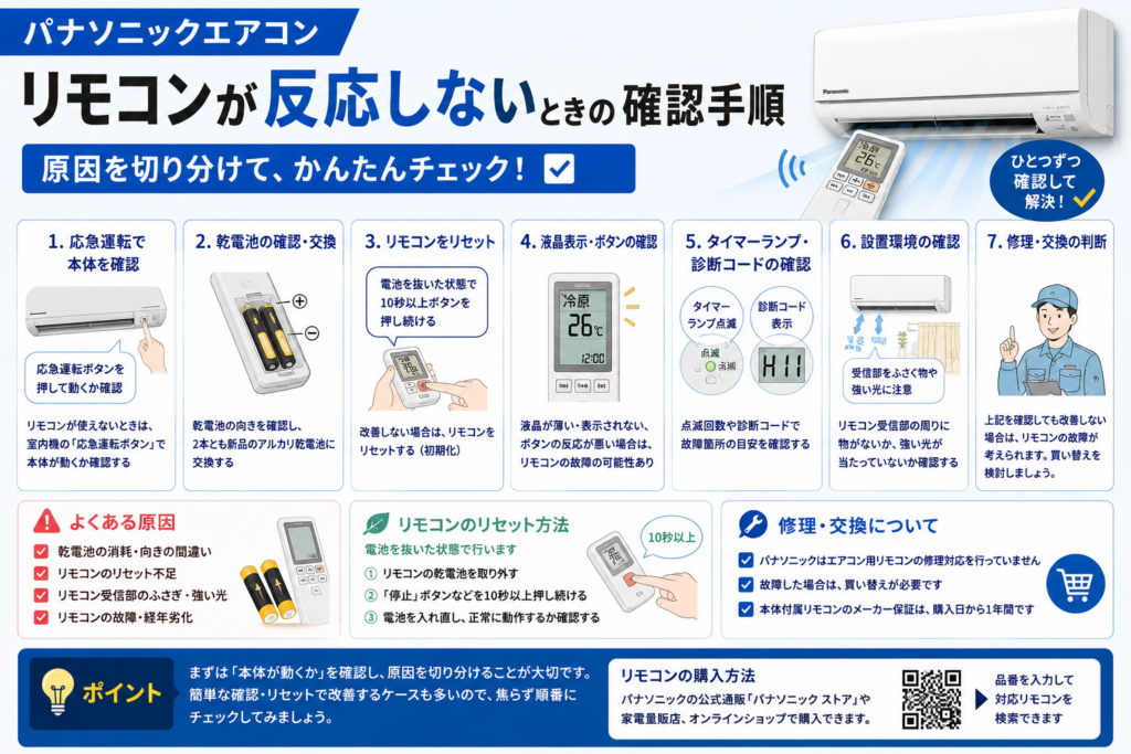 パナソニックエアコンのリモコンが反応しないときの応急運転、乾電池交換、リセット、液晶・ボタン、診断コード、設置環境の確認と修理・交換判断を案内する図解
