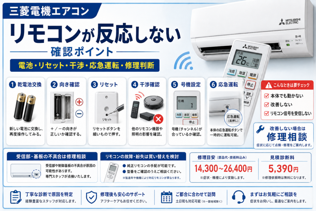 三菱電機エアコンのリモコンが反応しないときの乾電池交換、向き確認、リセット、干渉確認、号機設定、応急運転と修理判断を案内する図解