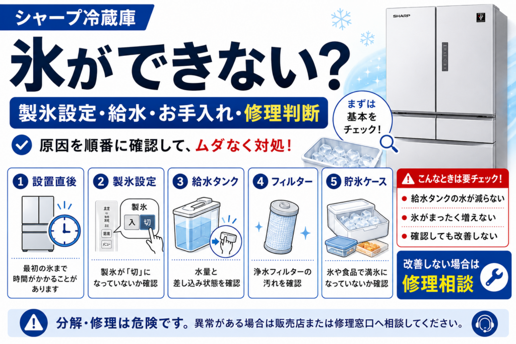 シャープ冷蔵庫で氷ができないときの設置直後の待機、製氷設定、給水タンク、浄水フィルター、貯氷ケースの確認と修理判断を案内する図解