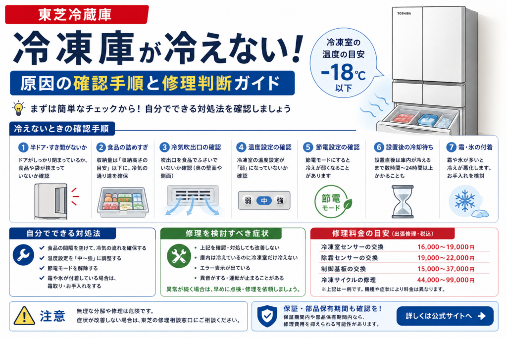 東芝冷蔵庫の冷凍庫が冷えないときの半ドア、食品の詰めすぎ、冷気吹出口、温度・節電設定、冷却待ち、霜の確認と修理判断を案内する図解