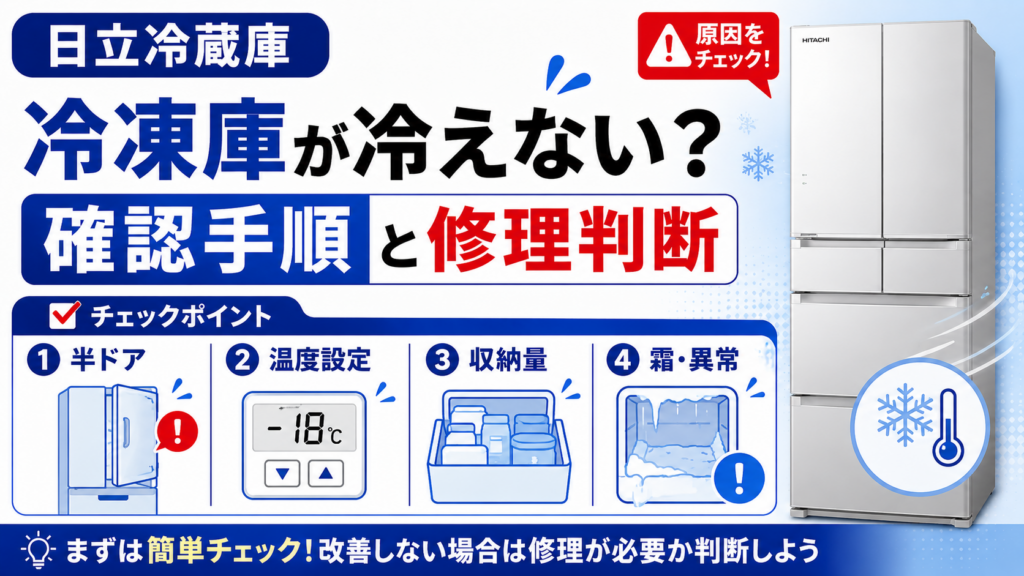 日立冷蔵庫の冷凍庫が冷えないときの半ドア、温度設定、収納量、霜・異常の確認と修理判断を案内する図解
