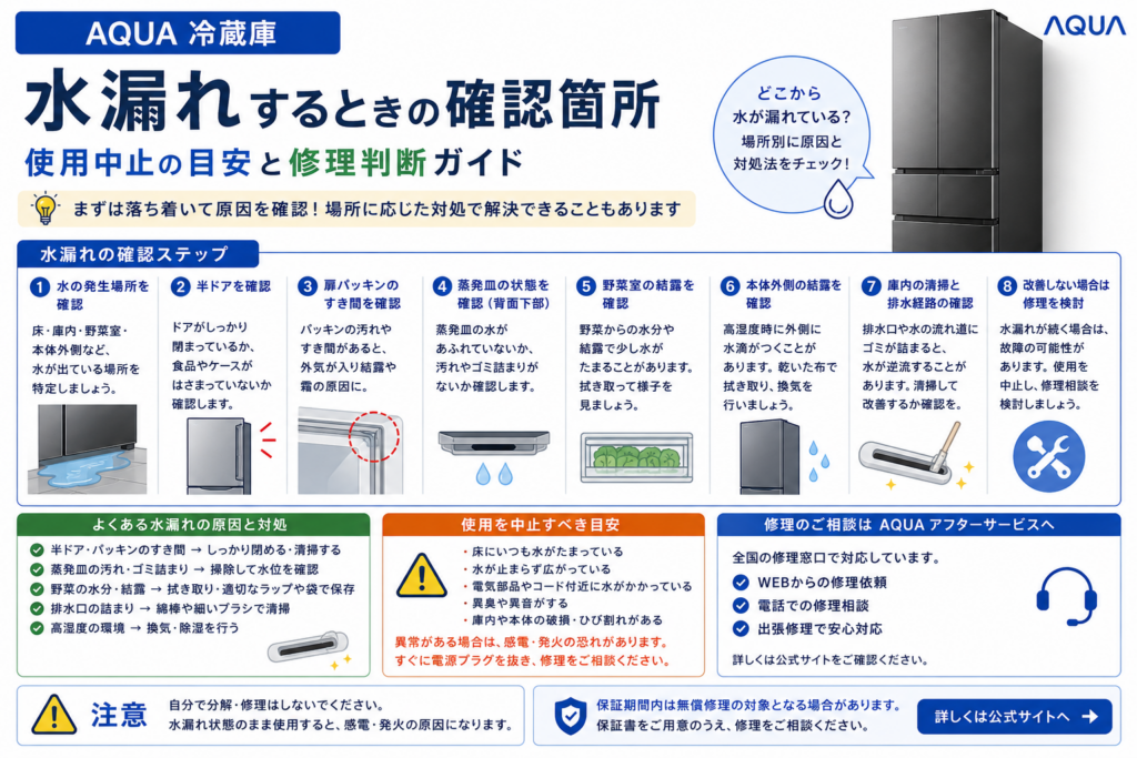 アクア冷蔵庫が水漏れするときの発生場所、半ドア、扉パッキン、蒸発皿、野菜室や本体外側の結露、排水経路の確認と修理判断を案内する図解