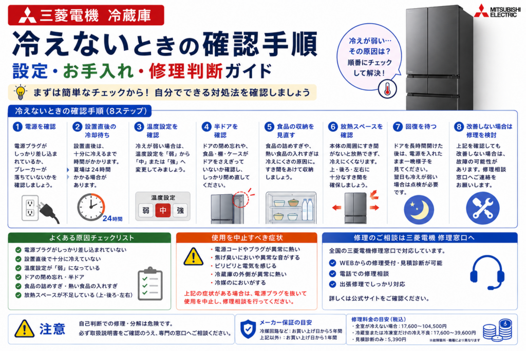 三菱電機冷蔵庫が冷えないときの電源、冷却待ち、温度設定、半ドア、食品収納、放熱スペース、回復待ちの確認と修理判断を案内する図解