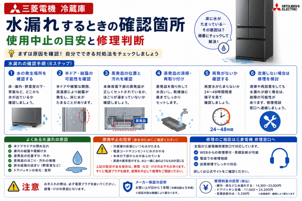 三菱電機冷蔵庫が水漏れするときの発生場所、半ドア・結露、蒸発皿の位置や汚れ、清掃・再取付、再発確認と修理判断を案内する図解