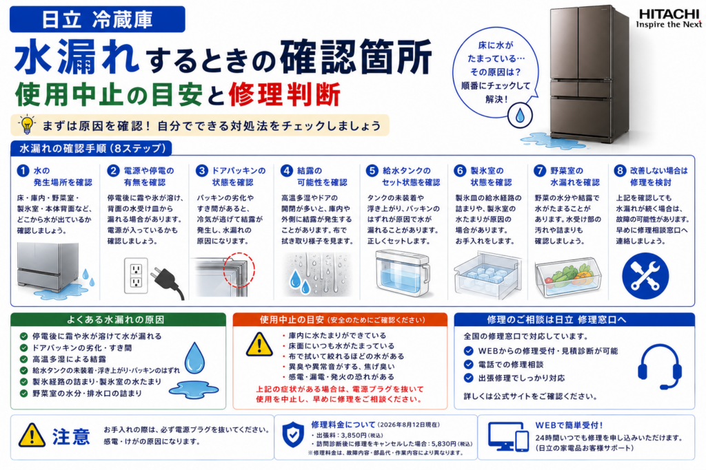 日立冷蔵庫が水漏れするときの発生場所、停電、ドアパッキン、結露、給水タンク、製氷室、野菜室の確認と修理判断を案内する図解