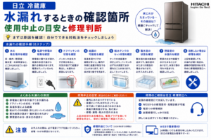 日立冷蔵庫が水漏れするときの発生場所、停電、ドアパッキン、結露、給水タンク、製氷室、野菜室の確認と修理判断を案内する図解