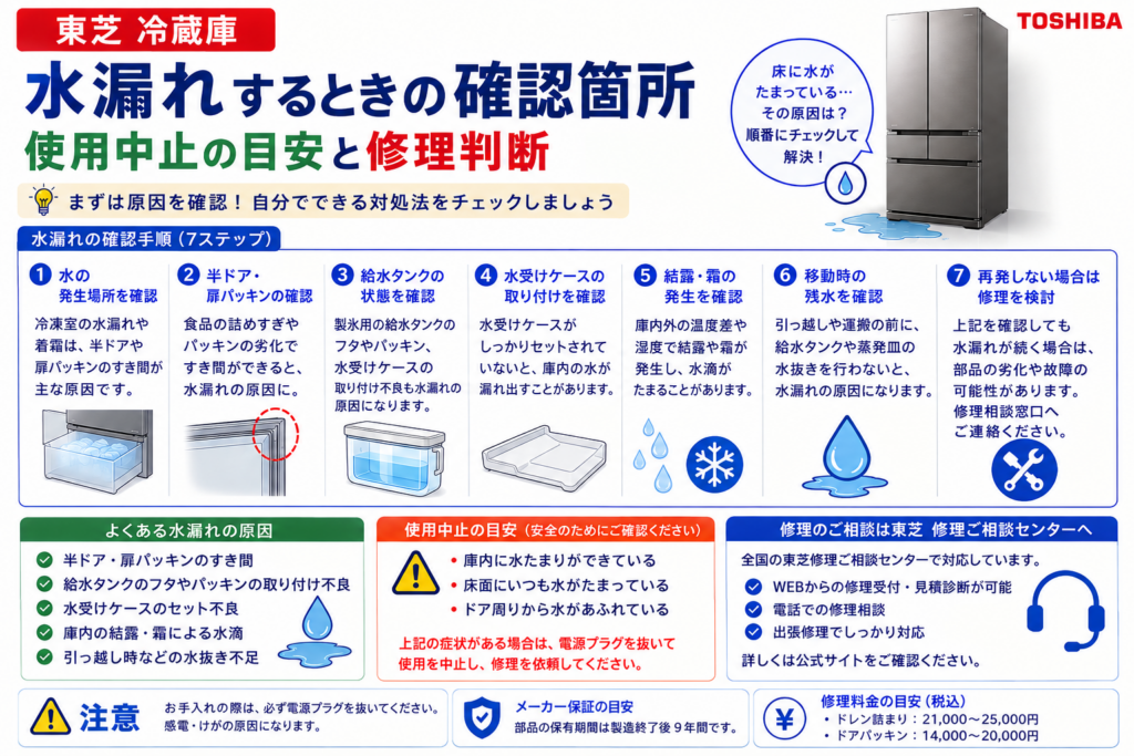 東芝冷蔵庫が水漏れするときの発生場所、半ドア・扉パッキン、給水タンク、水受けケース、結露・霜、移動時の残水確認と修理判断を案内する図解