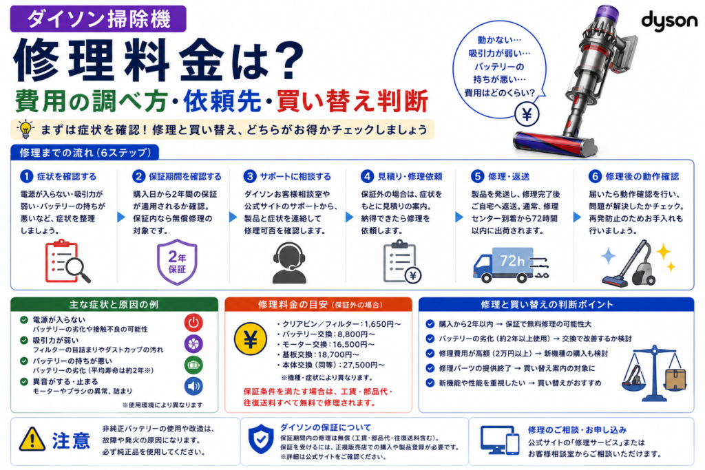 ダイソン掃除機の修理料金について、症状確認、保証期間、サポート相談、見積もり・修理依頼、バッテリーや部品交換、買い替え判断を案内する図解