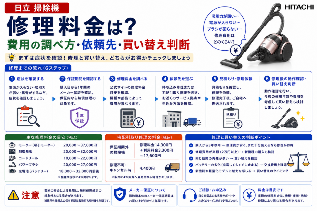 日立掃除機の修理料金について、症状確認、保証期間、モーター・基板・コードリール・パワーブラシ・充電池の費用目安、宅配引取り修理と買い替え判断を案内する図解
