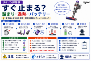 ダイソン掃除機がすぐ止まるときの詰まり、フィルター汚れ、過熱、バッテリー劣化、運転モードの確認と修理判断を案内する図解