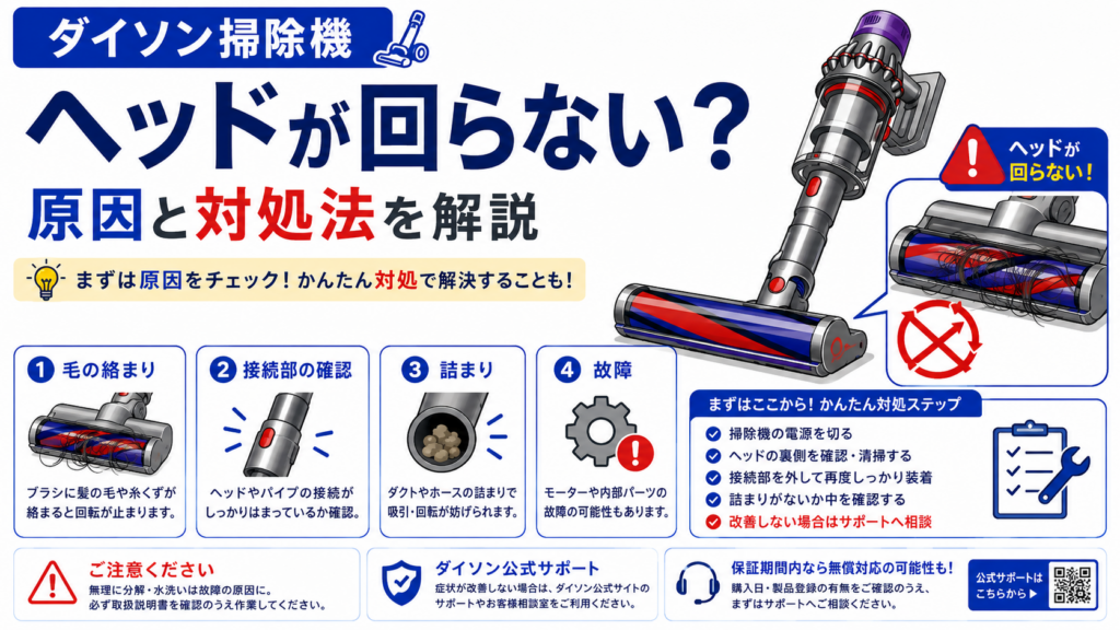 ダイソン掃除機のヘッドが回らないときの毛や糸くずの絡まり、接続部、詰まり、ヘッド故障の確認と対処法、修理判断を案内する図解