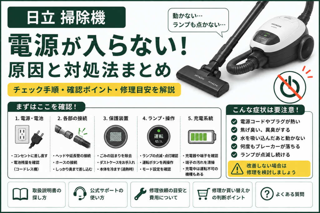 日立掃除機の電源が入らない症状について、電源・電池・各部の接続・保護装置・ランプ表示・充電系統の確認方法と修理の目安を案内する図解