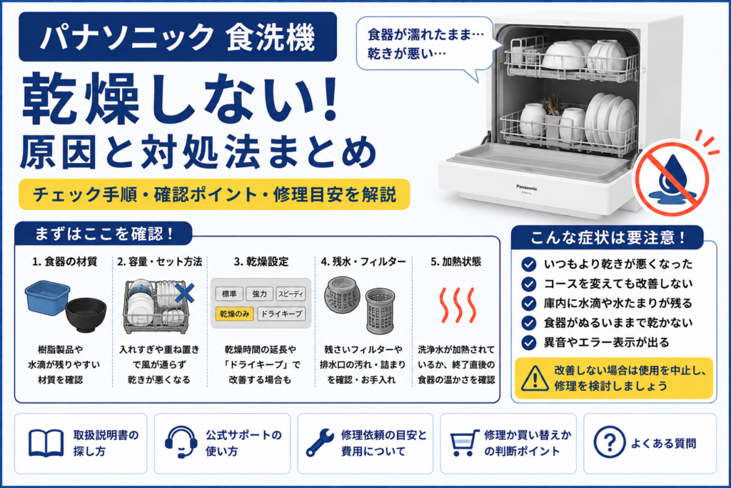 パナソニック食洗機が乾燥しない症状について、食器の材質・入れすぎやセット方法・乾燥設定・残水やフィルター・加熱状態の確認方法と修理の目安を案内する図解