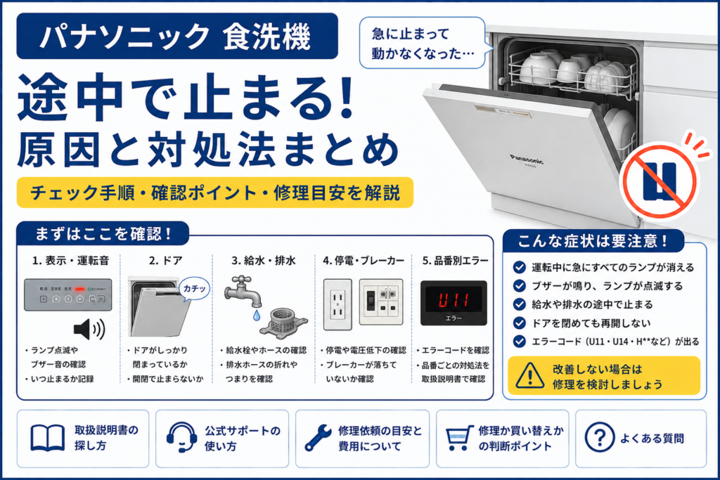 パナソニック食洗機が途中で止まる症状について、表示・運転音・ドア・給水や排水・停電やブレーカー・品番別エラーの確認方法と修理の目安を案内する図解