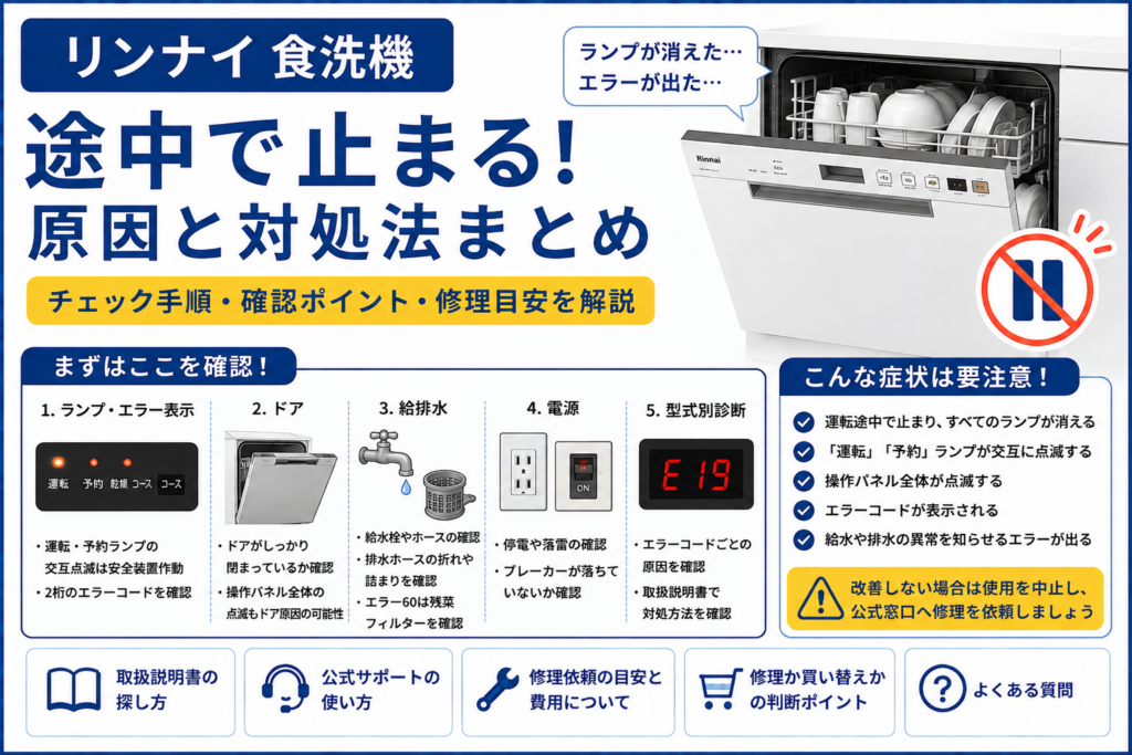 リンナイ食洗機が途中で止まる症状について、ランプ・エラー表示・ドア・給排水・電源・型式別診断の確認方法と修理の目安を案内する図解