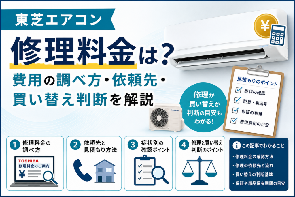 東芝エアコンの修理料金について、費用の調べ方・修理依頼先・症状別の確認ポイント・保証や使用年数を踏まえた修理と買い替えの判断目安を案内する図解